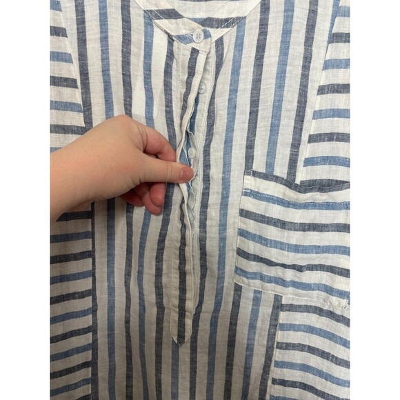 Two by Vince Camuto Medium Woven Striped Tunic Top Blue Linen Cuffed Cap Sleeve - Picture 7 of 12